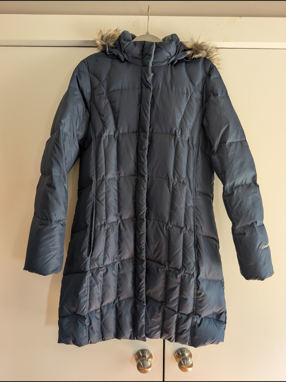 Eddie Bauer Dark Teal/Navy Long Quilted Puffer Coat with Faux Fur Trim